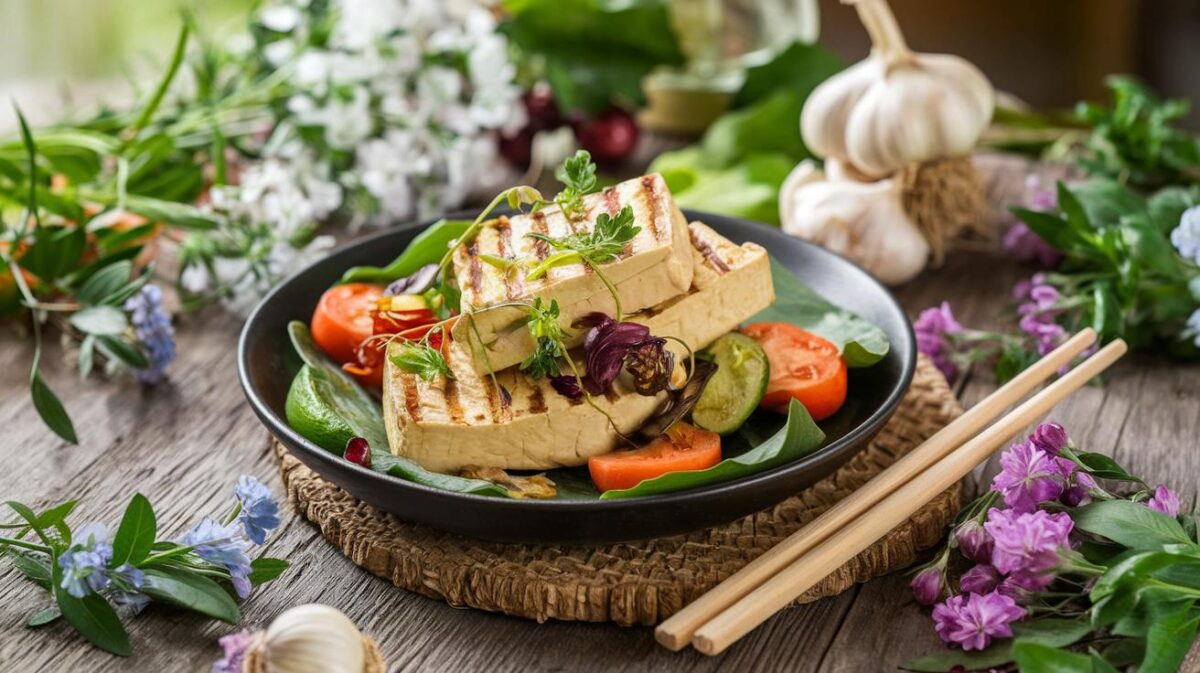 réveillez vos papilles ce printemps avec un tofu grillé aux légumes et fleurs d'ail