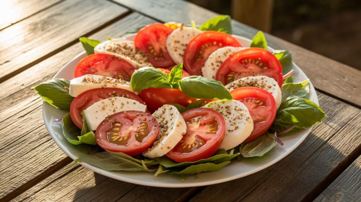 Saveurs ensoleillées : caprese végétalienne, tomates, basilic et mozzarella de noix