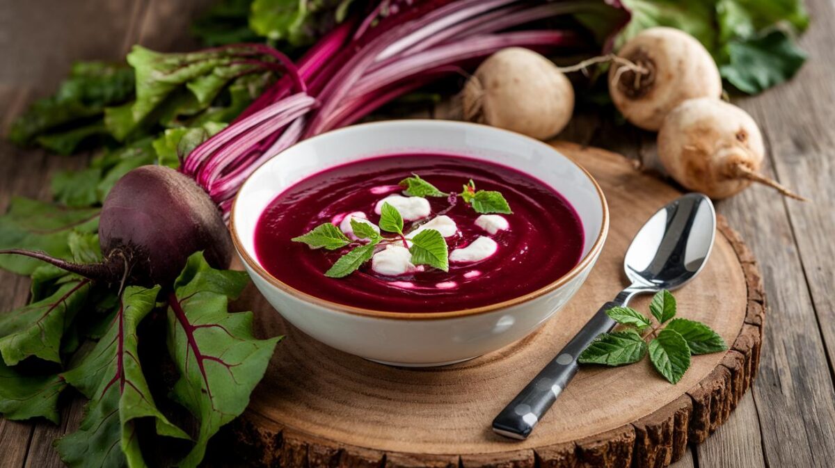 Soupe de betterave et chèvre frais de tous les records, une couleur et un goût qui captivent