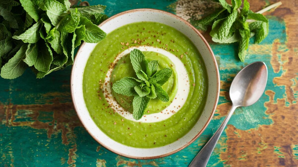 Soupe de pois verts à la menthe de tous les records, fraîcheur printanière dans un bol