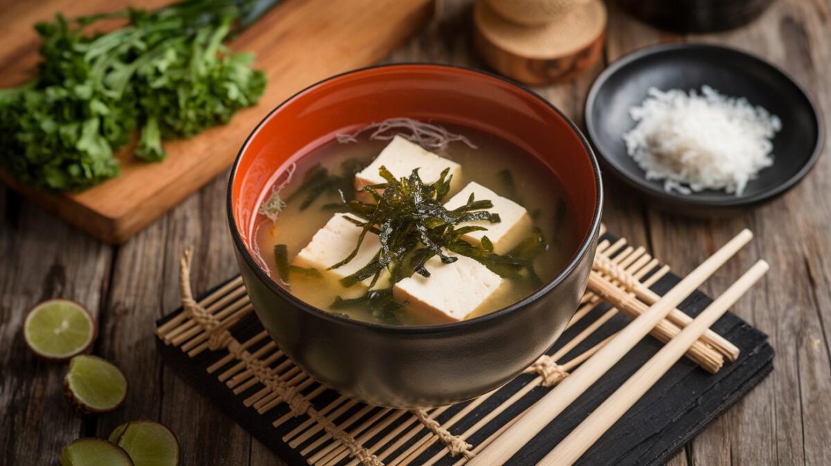 Soupe miso avec tofu et algues de tous les records, une soupe miso transcendante