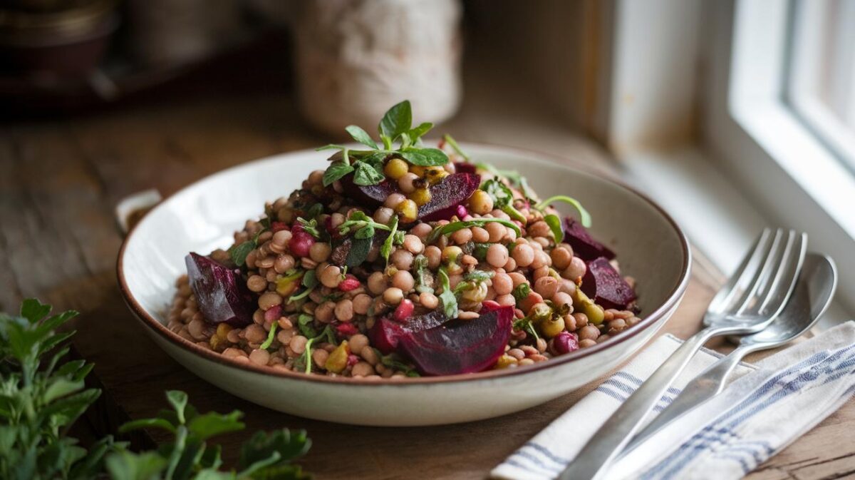 Une salade de lentilles et betteraves de tous les records terreuse avec une touche de douceur